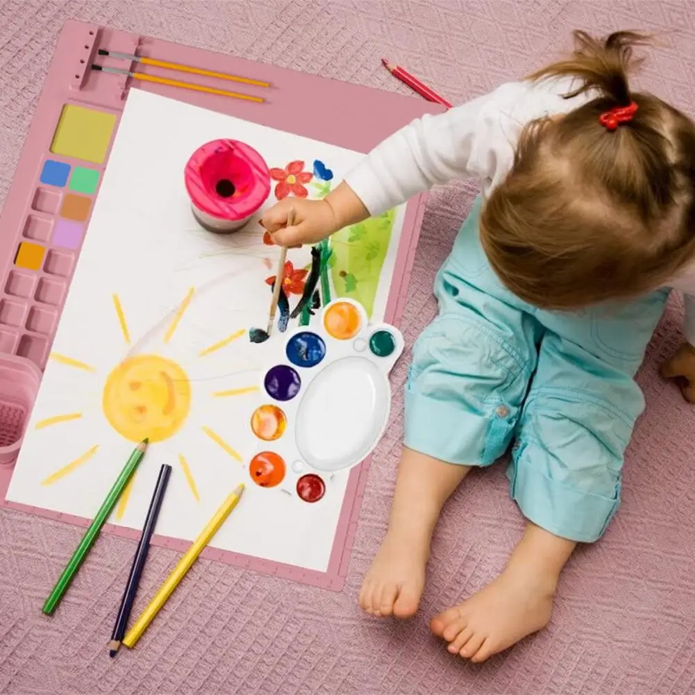 Silicone Painting Mat with Water Cup Brush Holder 14 Wells Washable Artist Kids DIY Painting Art Mat Drawing Supplies Kids Gifts image 2