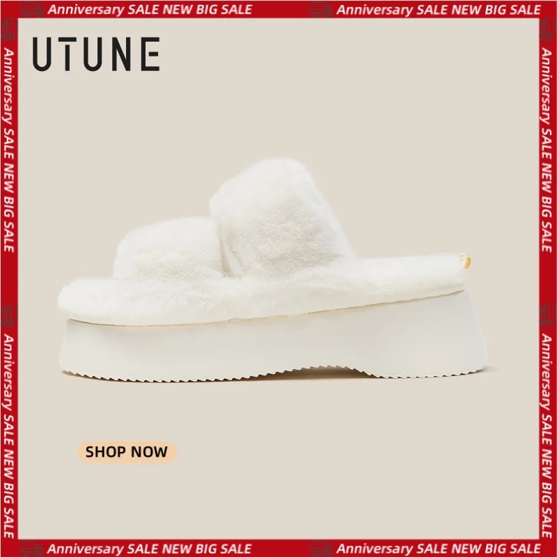 UTUNE Women's Exquisite Thick soled Plush Shoes Cotton Warm Sandals Artificial Fur Winter Home Flat Heelsmassage flip flops shoe