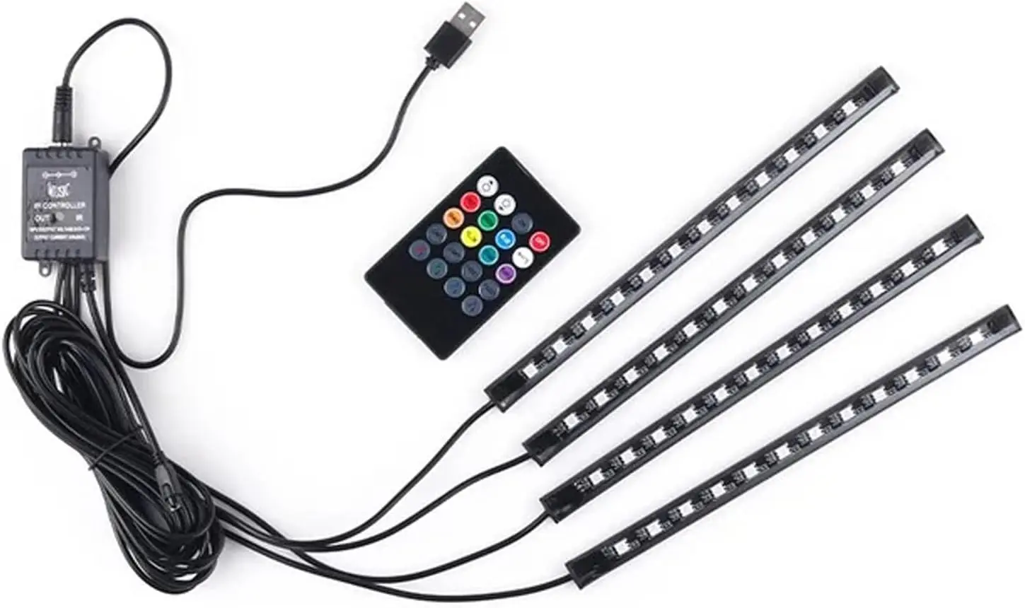 

4Pcs 48 LED Car Strip Lights, Multicolor Music Interior Kit with Remote, DC 12V