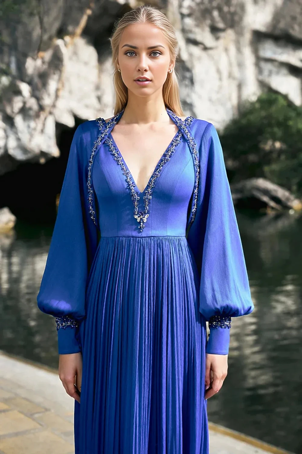 Charming Arabic Evening Dresses Royal Blue Long Sleeves Prom Party Gowns V Neckline Beach Wedding Guest Dresses 2024 Back Out