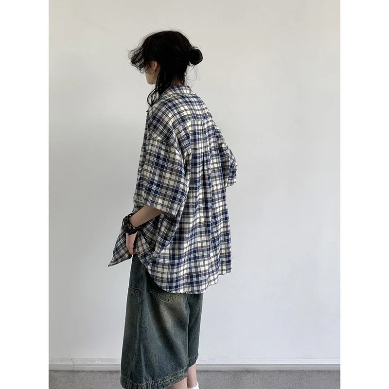 Summer Casual Set Men Women Vintage Plaid Half Sleeve Loose Shirt Street Wash Distressed Denim Shorts New Japanese Oversize Suit