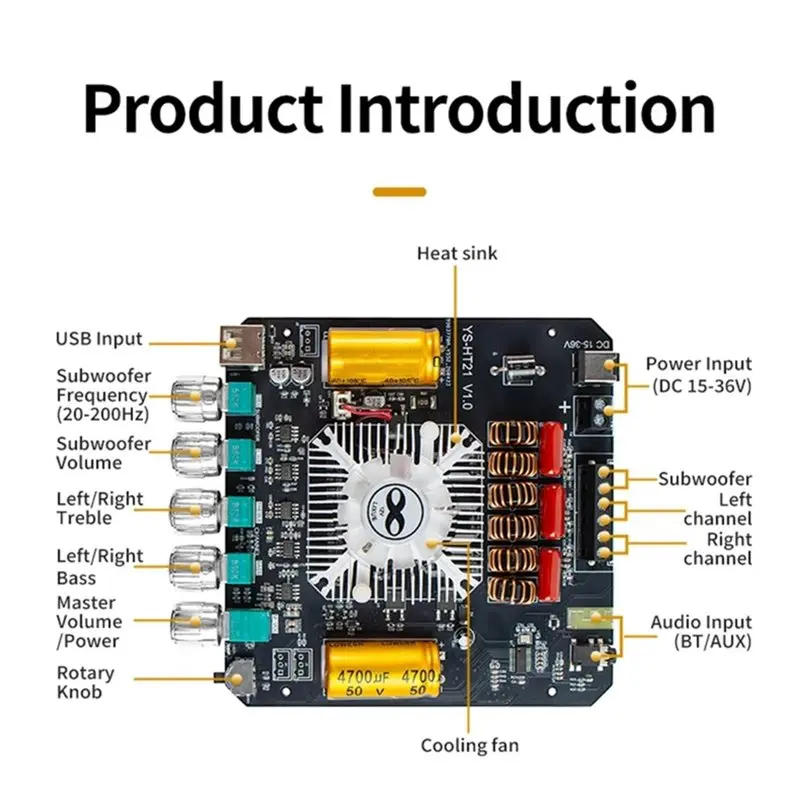Y45A-Bluetooth Digital Amplifier Board DC15-36V/5A 2.1 Channel 160Wx2+220W TDA7498E Audio Subwoofer Module