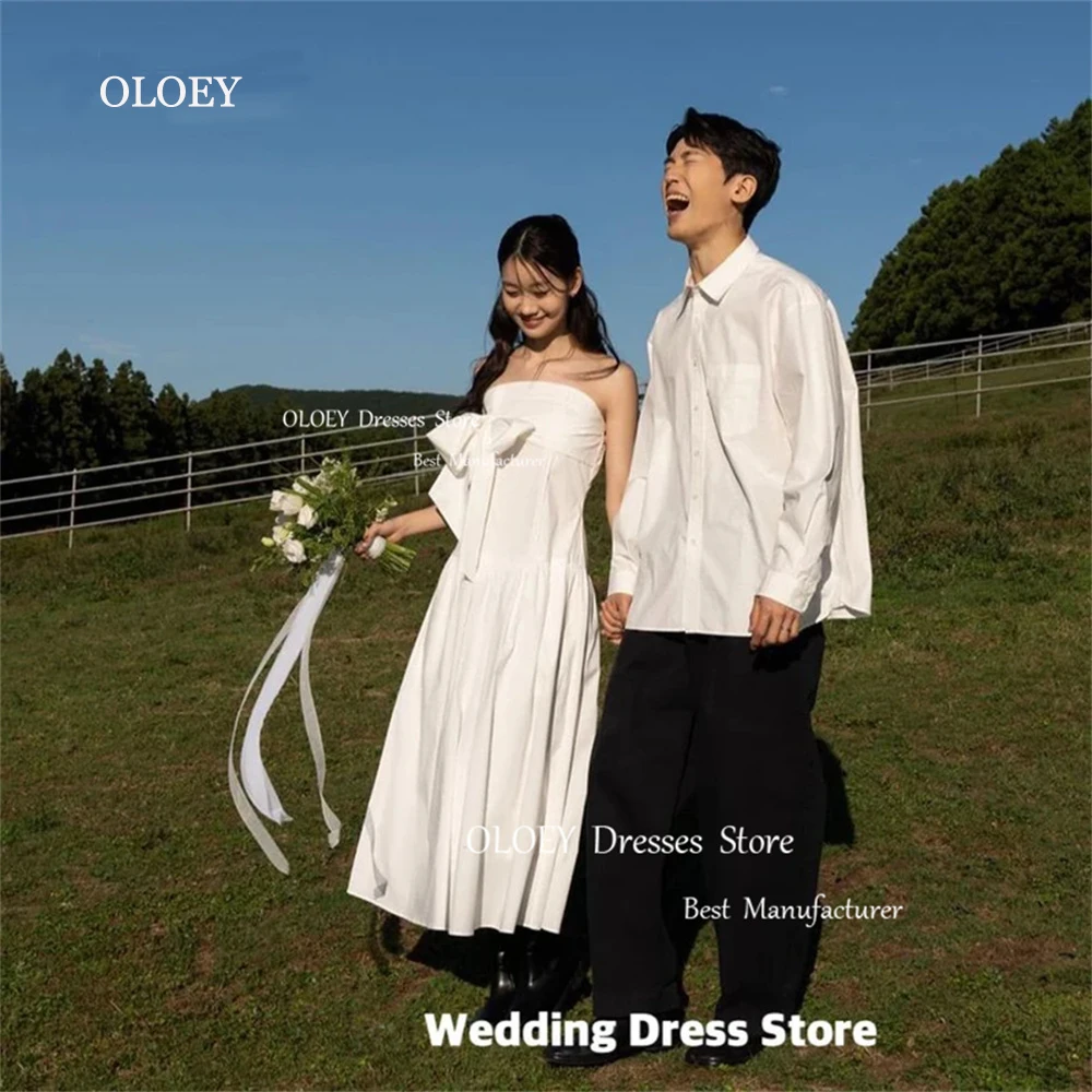 

OLOEY Simple Ivory Bow Strapless Wedding Dress Korea Photo Shoot Sleeveless Taffeta Ankle Length Bridal Gown Custom Made Corset