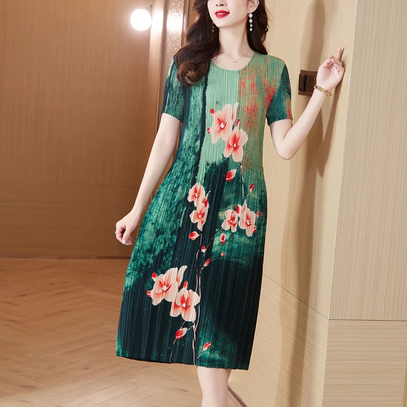 

2023 New Fashion Silk Printed Dress Women's Summer Elegant Retro Short Sleeve Round Neck Loose Fit Holiday Leisure Vestidos