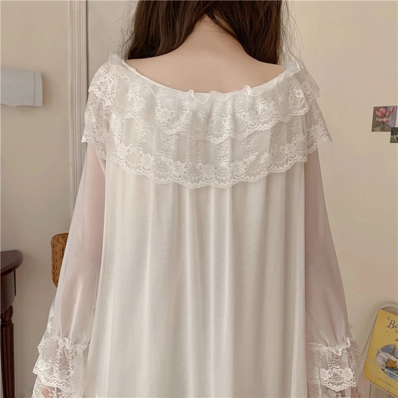 Kawaii Korea Style Women\'s Dressing Gown Spring Ladies Princess Sleepwear Lace Sleeve O Neck Mesh Peignoir Fairy Night Dress