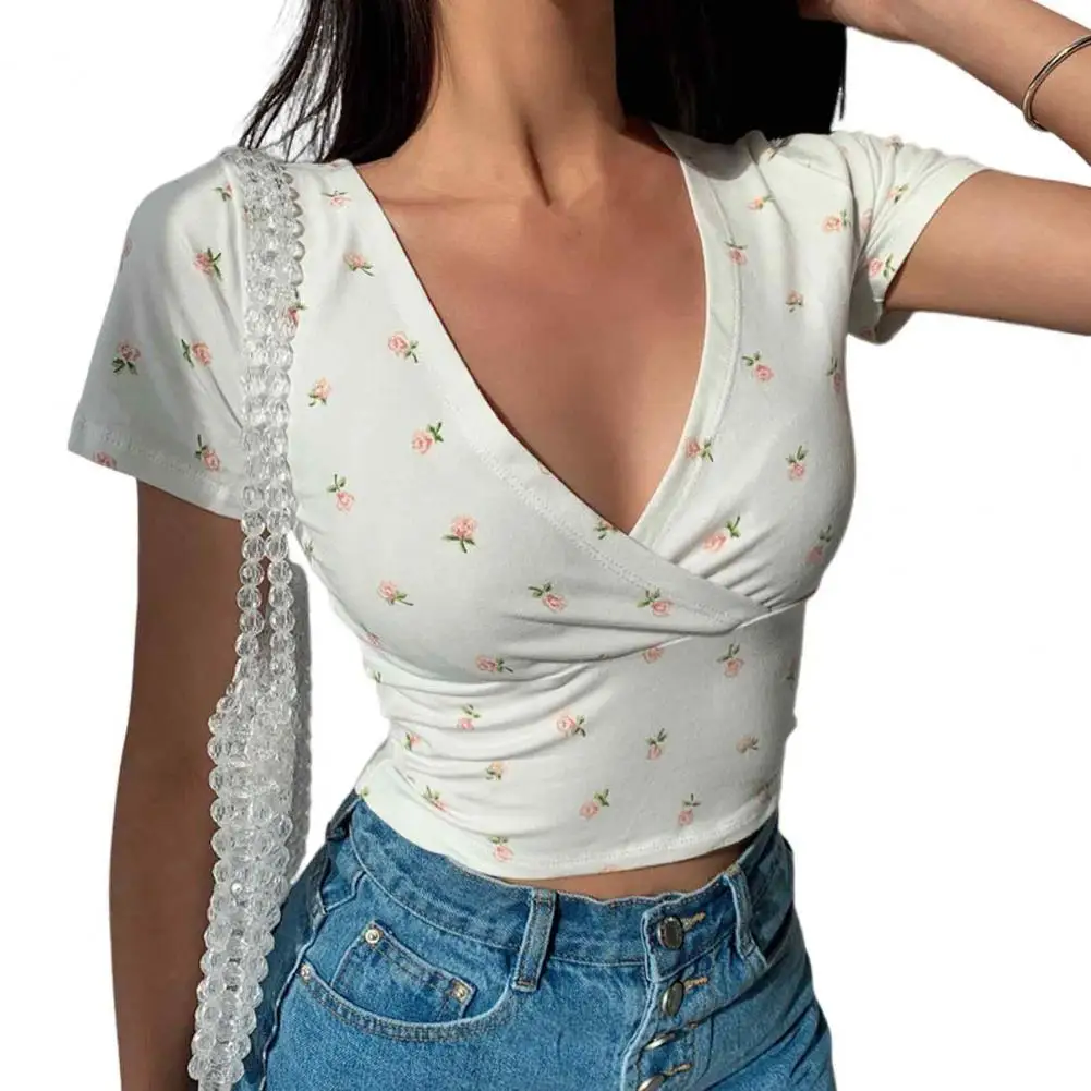 Women Summer Top Floral Print V-neck Summer Top for Women Retro Slim Fit Pullover Shirt Soft Breathable Waist-exposed Tee