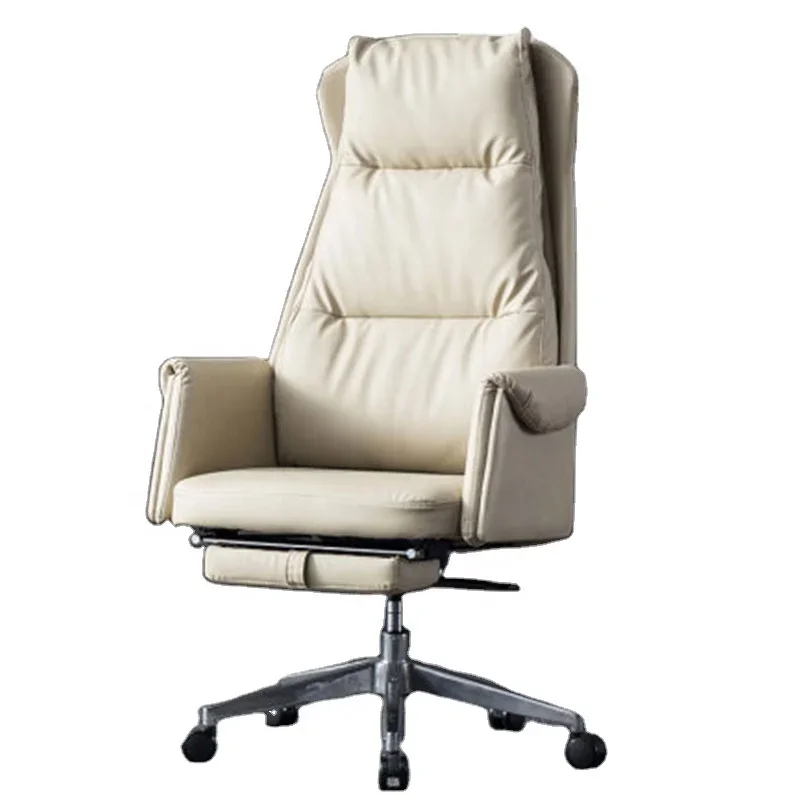 

Beige leather high back support ergonomic adjustable lumbar executive CEO office chair with footrest