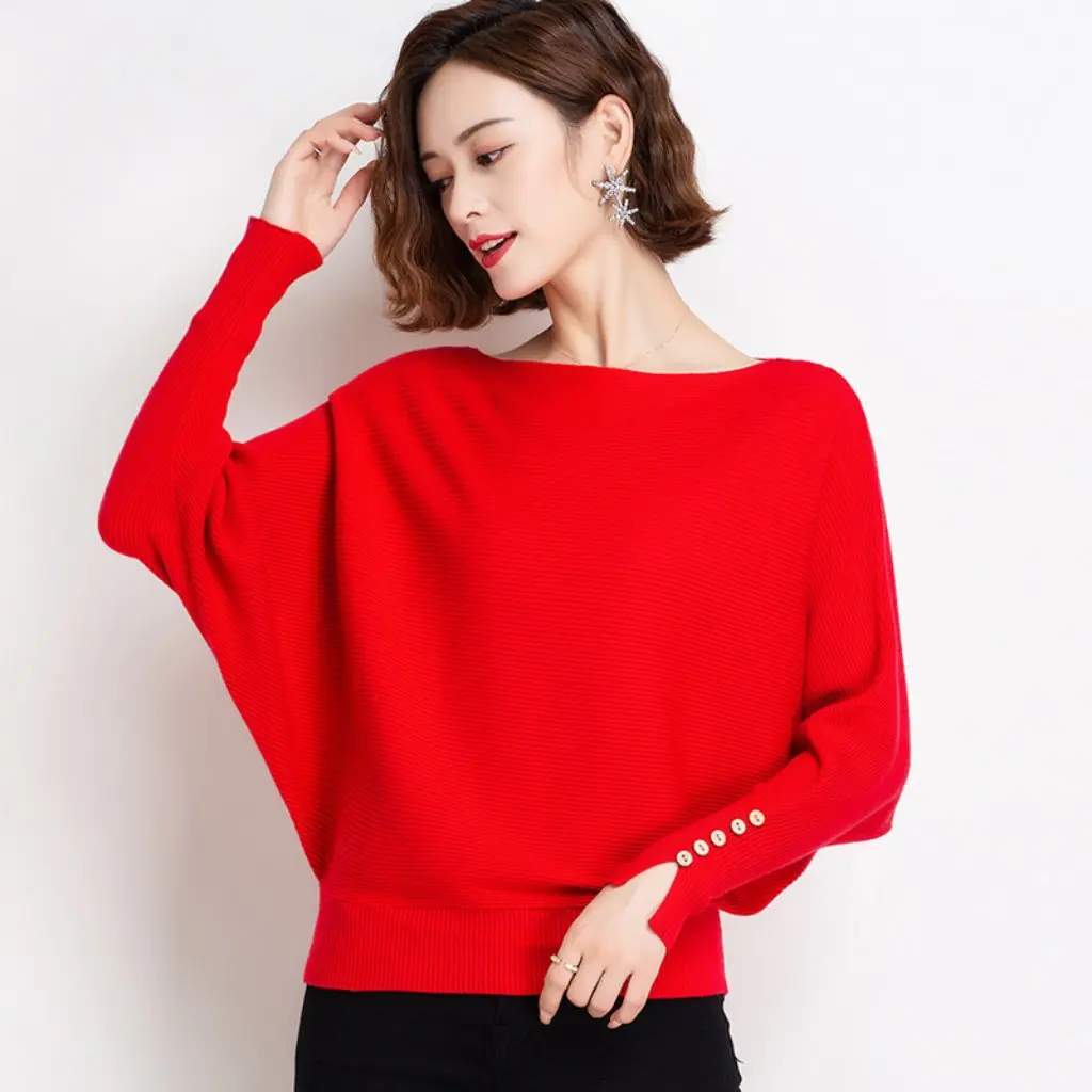 

Women's Large Size Bat Sleeve Top Loose Knitted Red Sweater Long Sleeve Spring Outer Wear Base Shirt