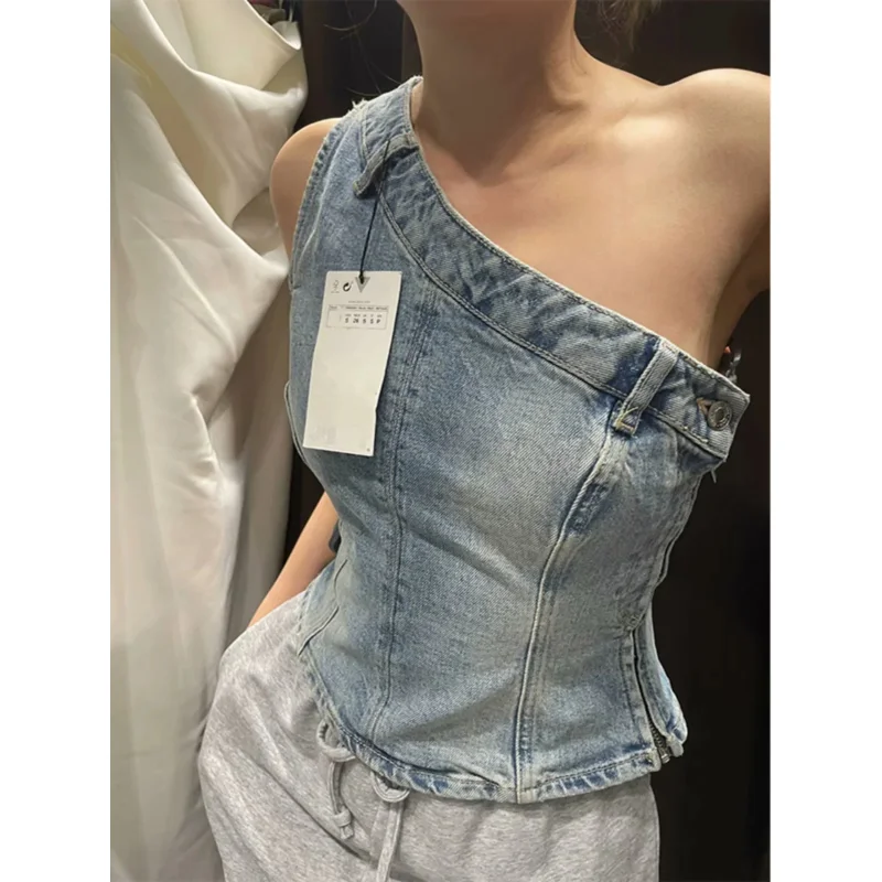 Women Denim Vest 2024 Women\'s Corset Crop Top Y2k Streetwear Summer Women\'s Clothing Vintage Top