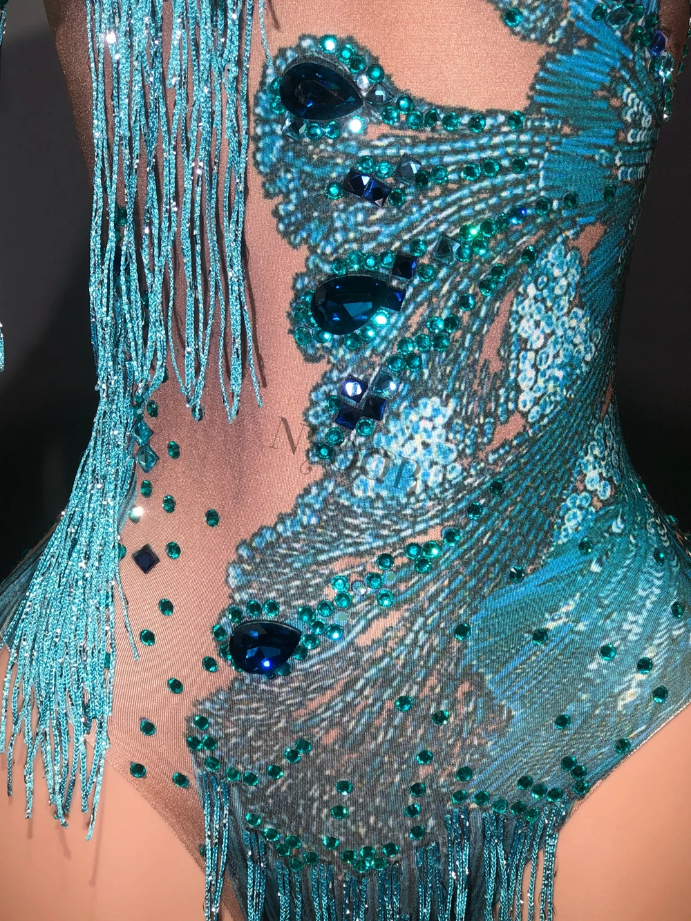 Sparkly Blue Rhinestones Fringes One Shoulder Bodysuit Women Dance Costume Sexy Skinny Leotard Singer Dancer Show Stage Wear