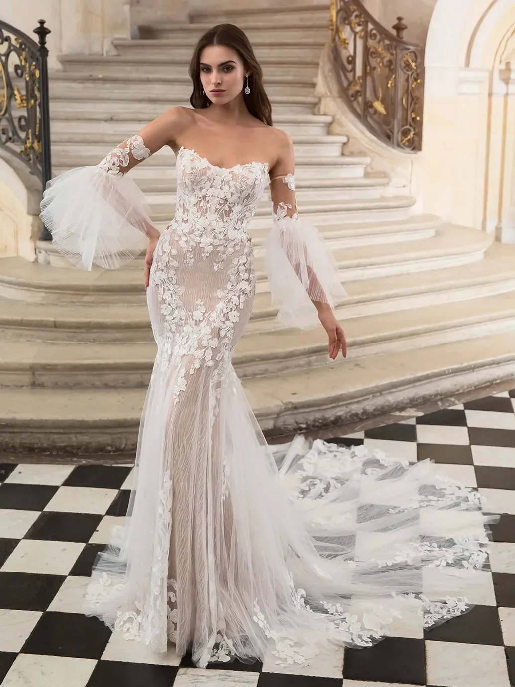 

Elegant Ivory Mermaid Wedding Dresses Off Shoulder Lace Appliques Bridal Gowns Sexy Long Train Customized Vestidos De Mariee