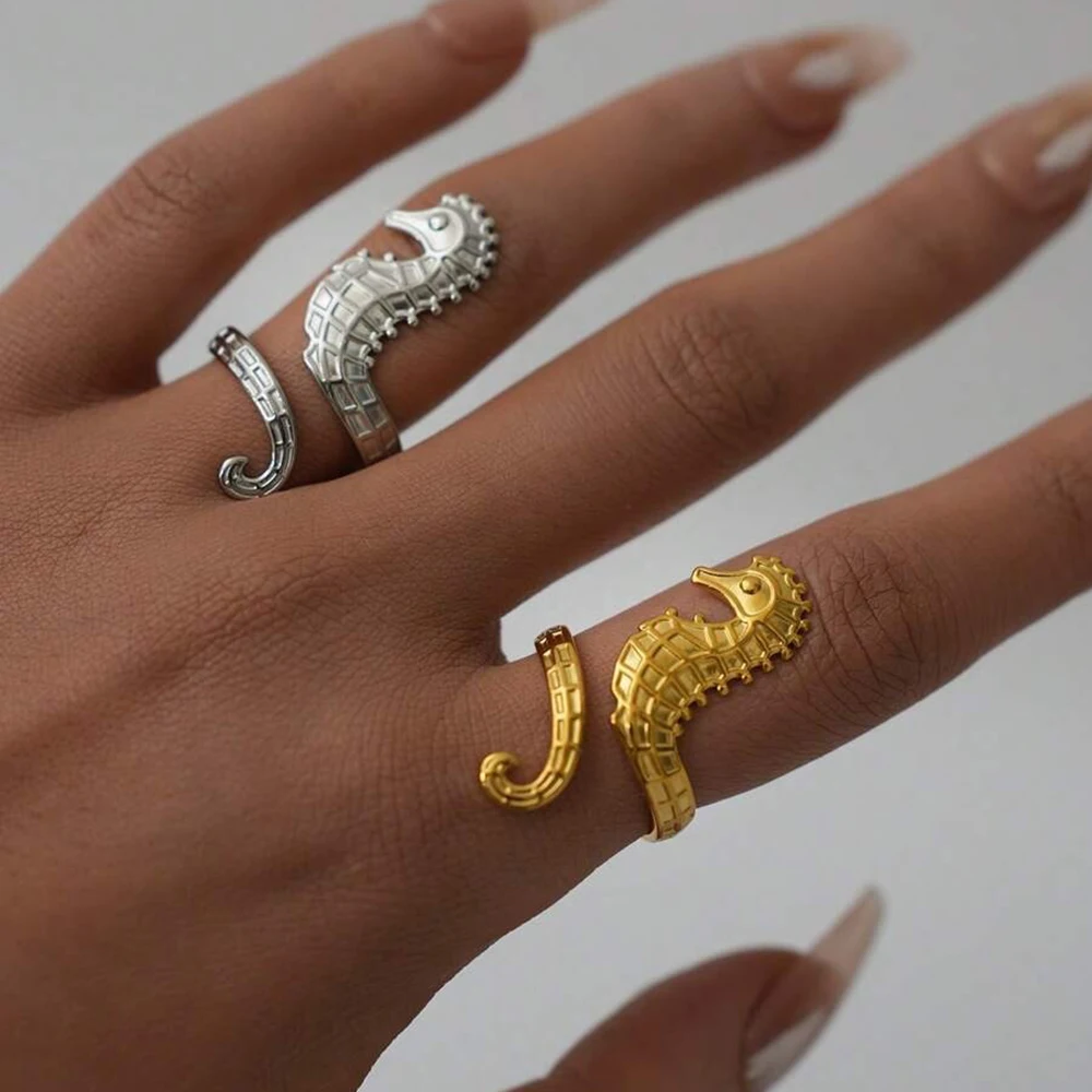 DGIDDK Ring Fashion Resort Style 18k Gold Plated Stainless Steel Seahorse Metal Ocean Women Party Favors with Opening Ring