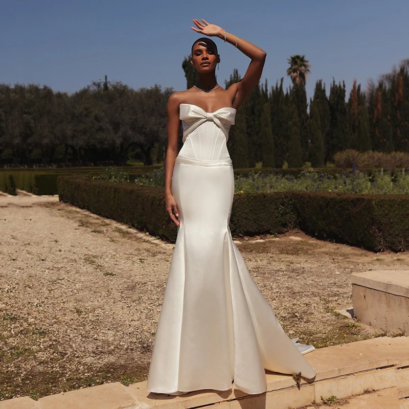 

Eightree Simple Mermaid Wedding Dresses Sweetheart Satin Corset Back Bow Bridal Dress White Wedding Ball Prom Gowns Customized