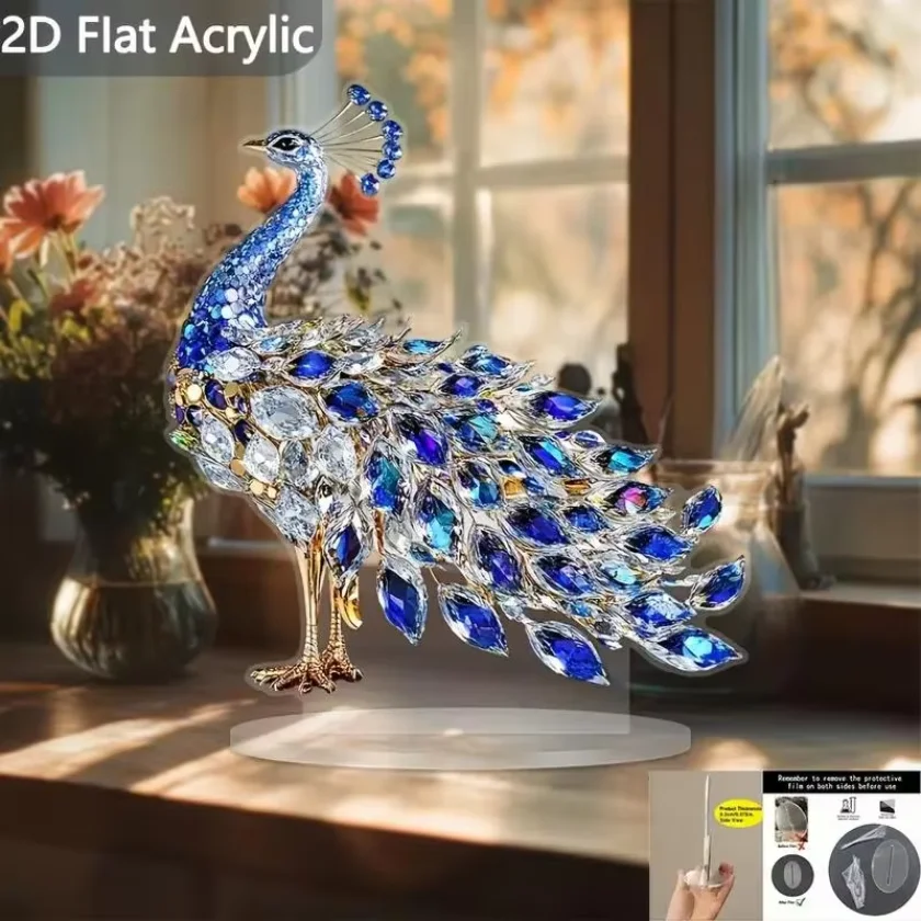 1Pcs Quality 2D Flat Acrylic Figurine  Crystal Peacock Decorative Piece Tabletop Embellishment For Bedroom Living Room Office