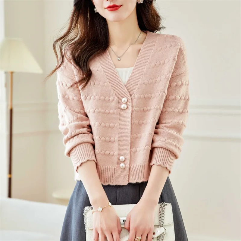 

Женский осенне-зимний новый мягкий шерстяной кардиган с v-образным вырезом, модный милый свободный универсальный вязаный свитер, пальто