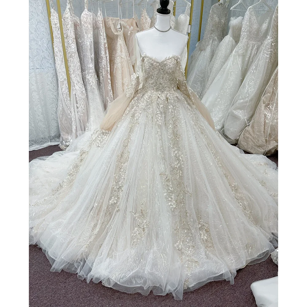 Exquisite Appliques Sequined Bride Dress Elegant Sweetheart Off the Shoulder Long Sleeves Chapel Train Ball Gowns Wedding Dress