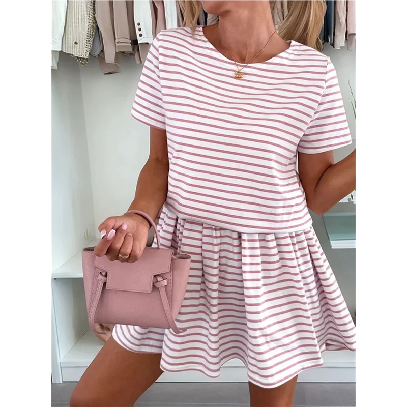 ASDS-robe d'été rayée pour femmes, col rond, manches courtes, bloc de couleurs, décontractée, ligne A, t-shirt, 2025