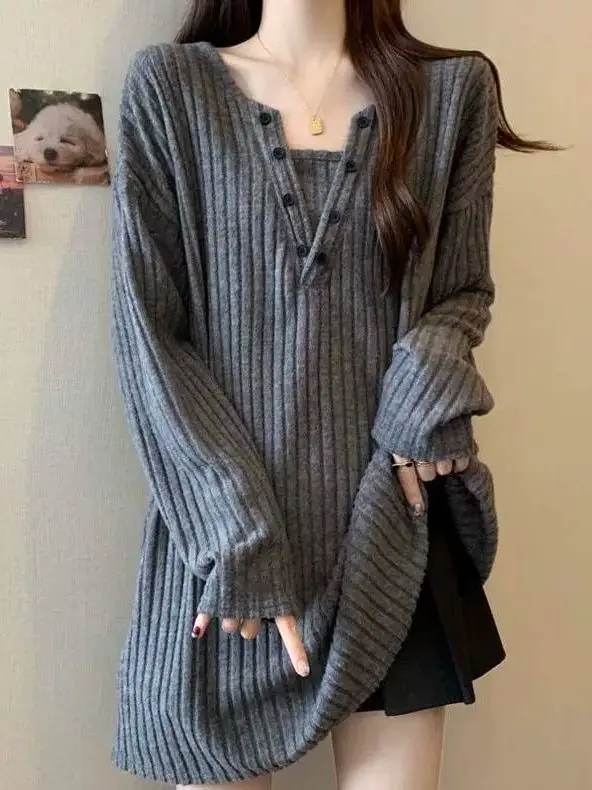 plus Size Lazy Casual Knitted Long Sve Women's Sweater Mid-Length V-Ne Pure Color Autumn Winter Faion Korean Sle