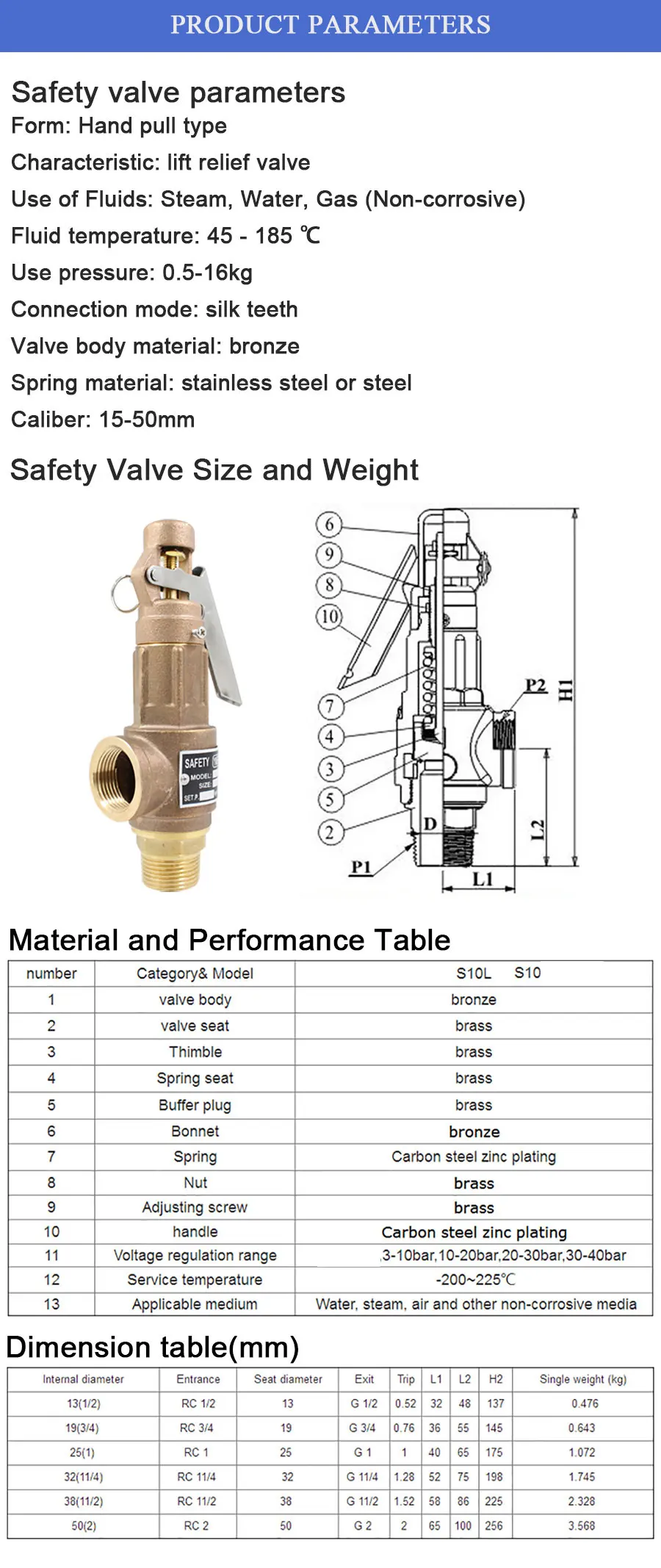 صمام لولبي YMER Brass Bronze Safety Valve S10 S10L DN40 DN50 1.5'' 2'' Unstable Full Copper Thread Pressure Relief Valve With Handle Steam الماء والبخار — تفصيل 4