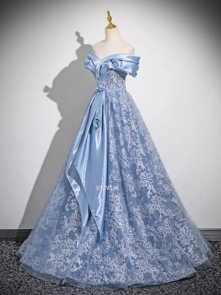 ブルーウエディングイブニングパーティードレス女性オフショルダーアップリケゲストウェディングドレス豪華なカスタマイズされたフォーマルな機会のドレス