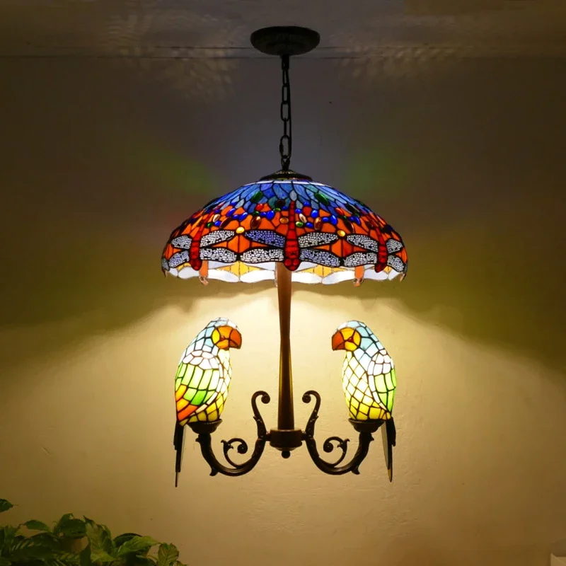 TYLA Tiffany Parrot Chandelier Vintage Creative Color Glass Living Room restaurant Bedroom Hotel Corridor Pendant Lamp