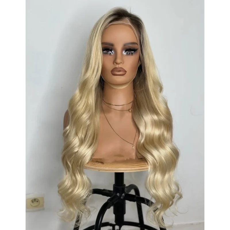 

Natural Wavy Light Blonde Wigs Ombre Golden Blonde Dark Roots Wig Synthetic Wig Natural Soft Hair Top Grade 13x4 Lace Front Wig