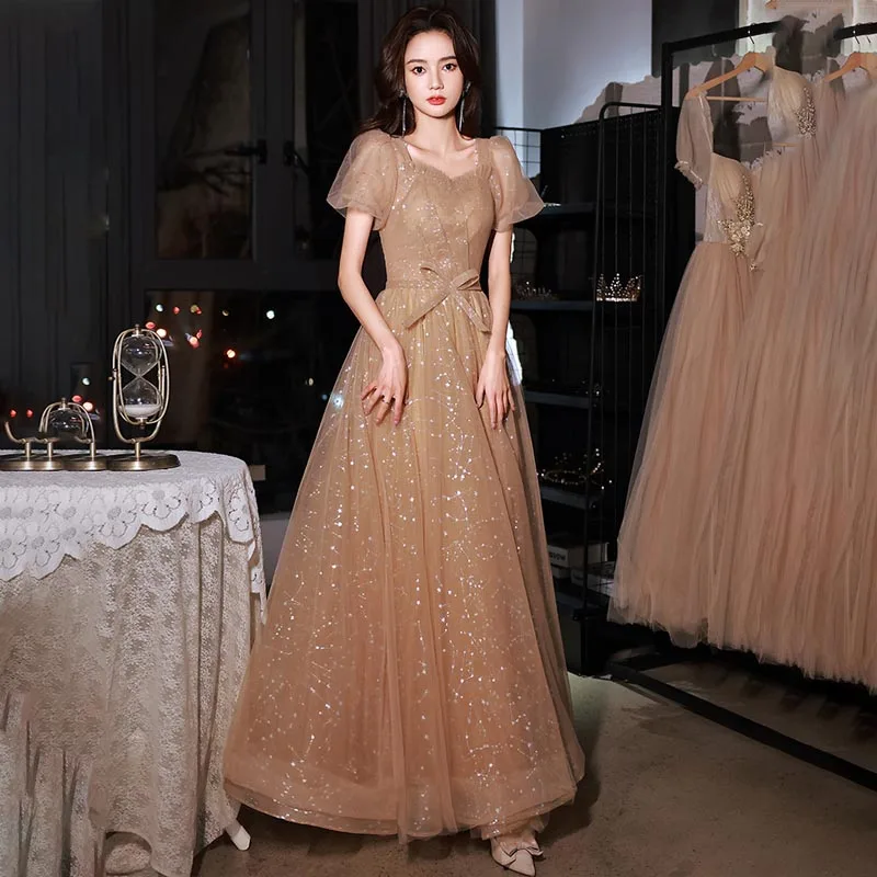 

Evening Dress Square Collar Sequins Elegant Floor-Length Simple Short Sleeves Lace Up A-Line New Woman Formal Party Gown A2550