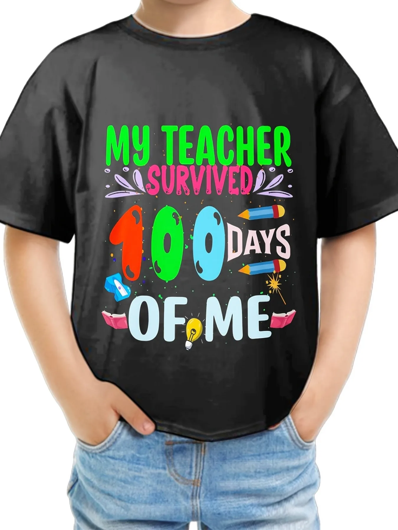 

Футболка с надписью «Roaring Into 100 Days Of School», забавные футболки с буквенным принтом, повседневная удобная летняя одежда с короткими рукавами для мальчиков