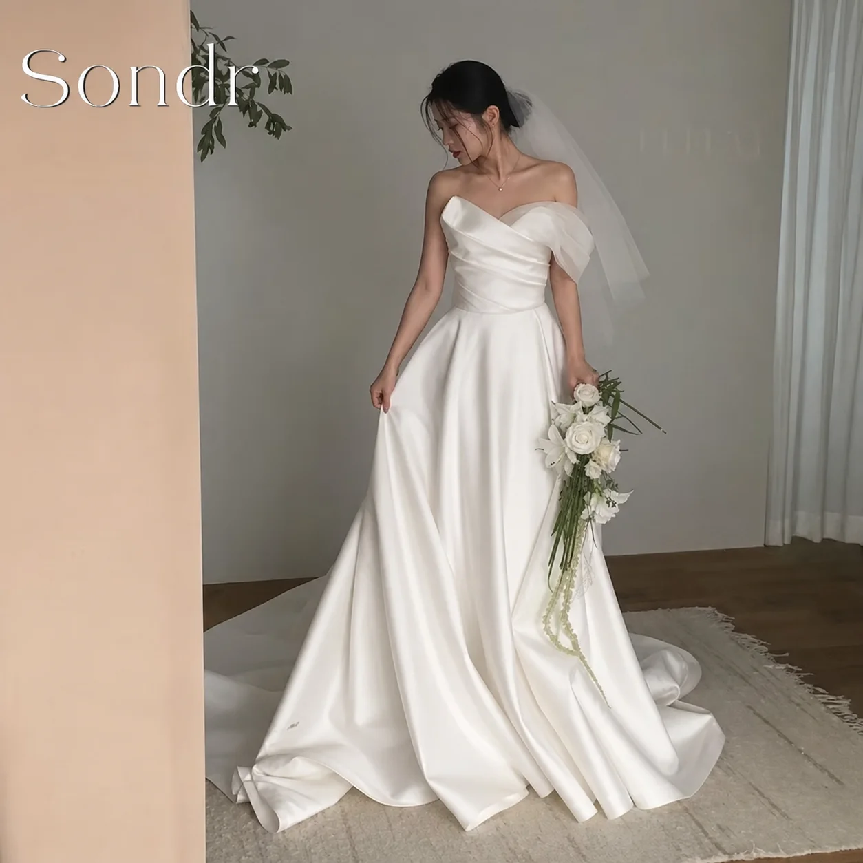 Sondr Customized One Shoulder Sweetheart Korea Wedding Dresses Photo Shoot Silk Satin A-Line Long Elegant Bridal Gowns