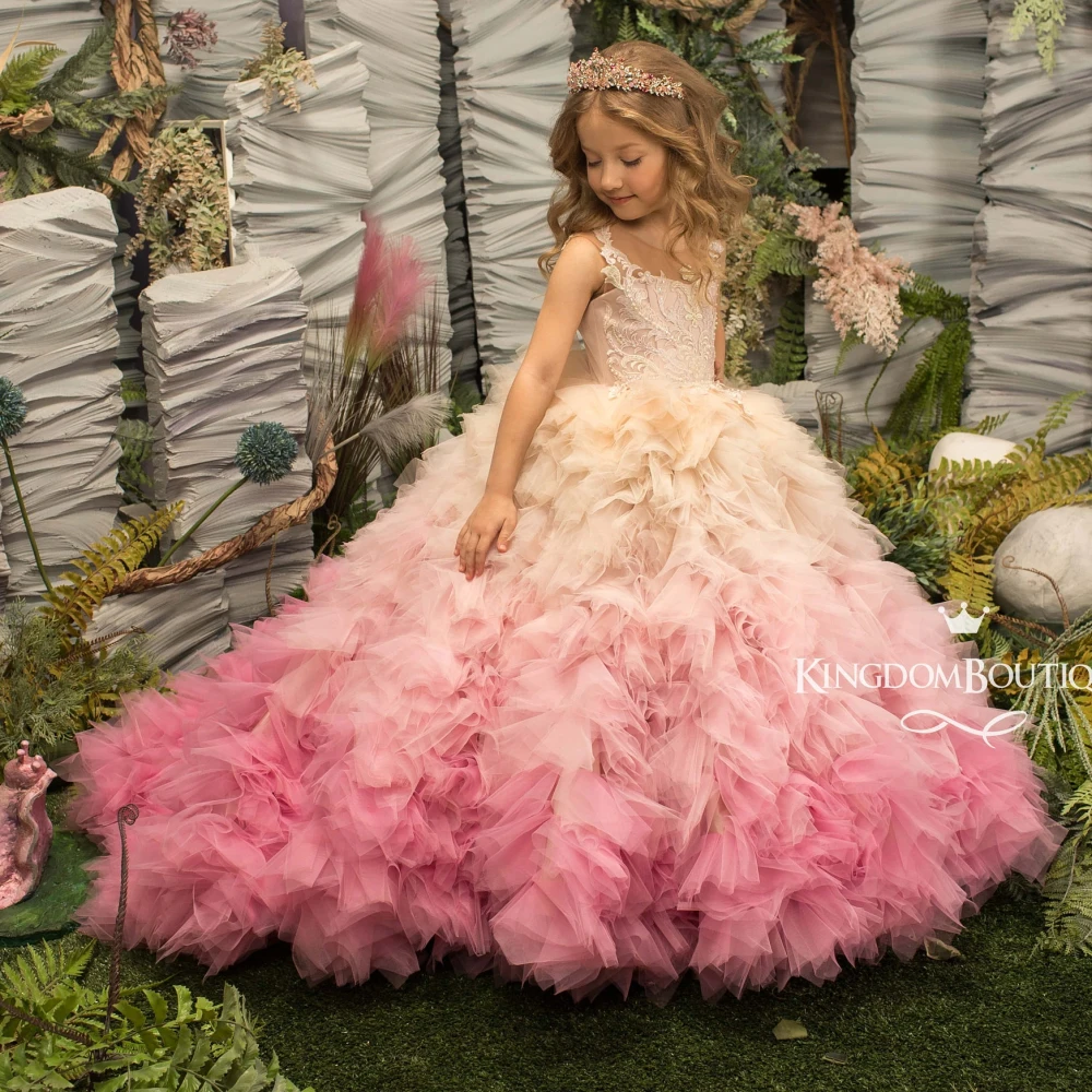 

Customized Flower Girl Dress for Weddings Ball Gown Layered Ruffles Skirt Kids Pageant Gown First Communion Dress YFD011