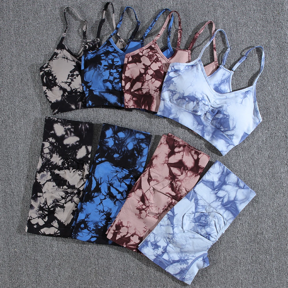 

NORMOV 2Pcs Tie Dyeing Gym Sets for Women Raises Butt Yoga Set Woman High Waist Women Sports Set Seamless Shorts Workout Crop