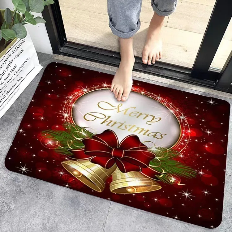 Christmas Themed Door Mat With Festive Patterns Bells Reindeer Sleigh NonSlip Durable Entrance Rug Indoor Outdoor Home Decor