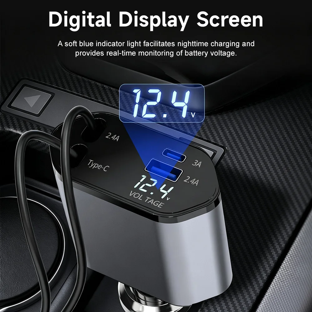120W Fast Charging Car Charger Dual Retractable Type‑C Cables Dual USB‑A Digital Voltage Display Car Cigarette Lighter Adapter