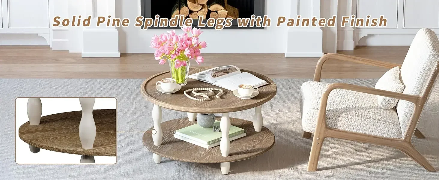 Cream beige round two-tier coffee table with solid pine legs