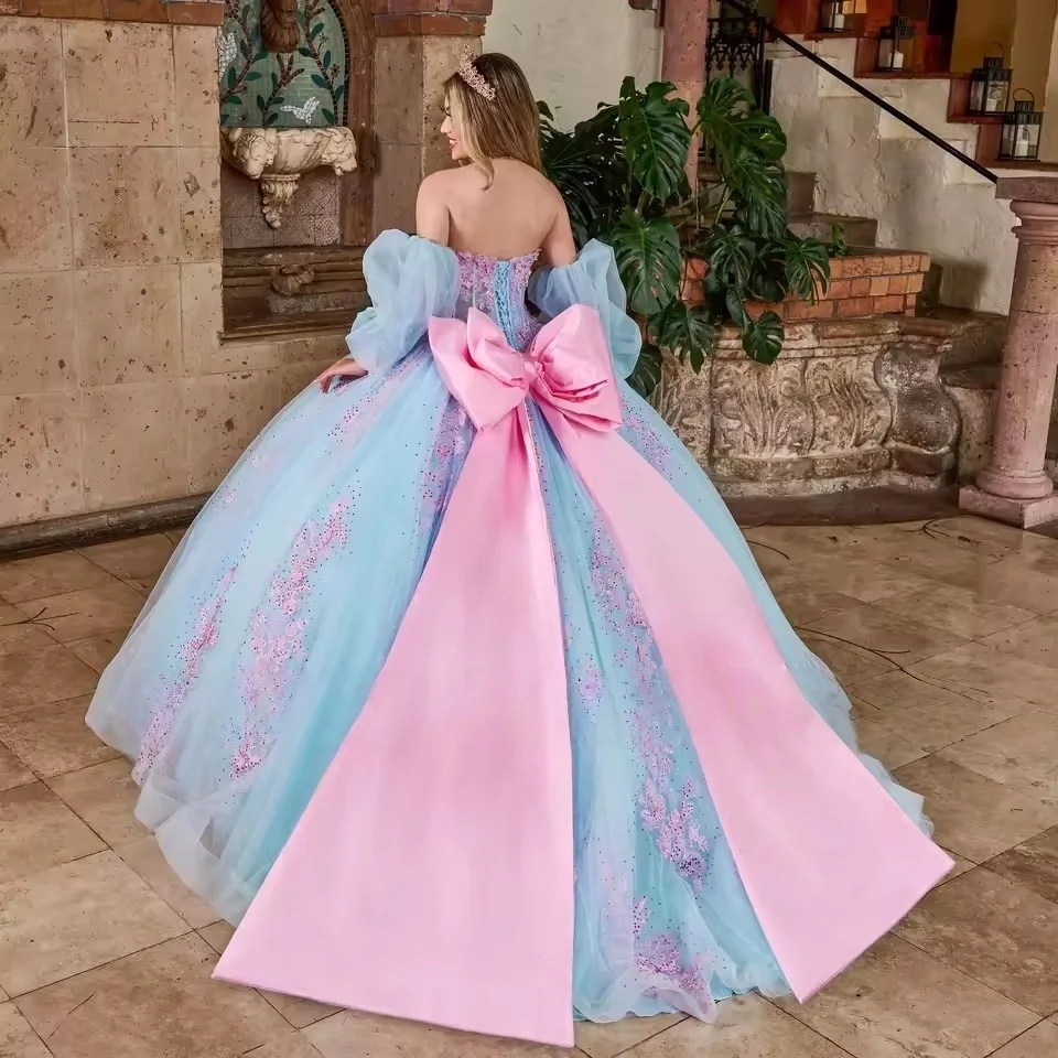 المكسيك حساسة فساتين Quinceanera لفتاة يزين الدانتيل يصل نفخة الأكمام القوس الطية Vestidos De 15 Anos حفلة موسيقية رداء حفلات