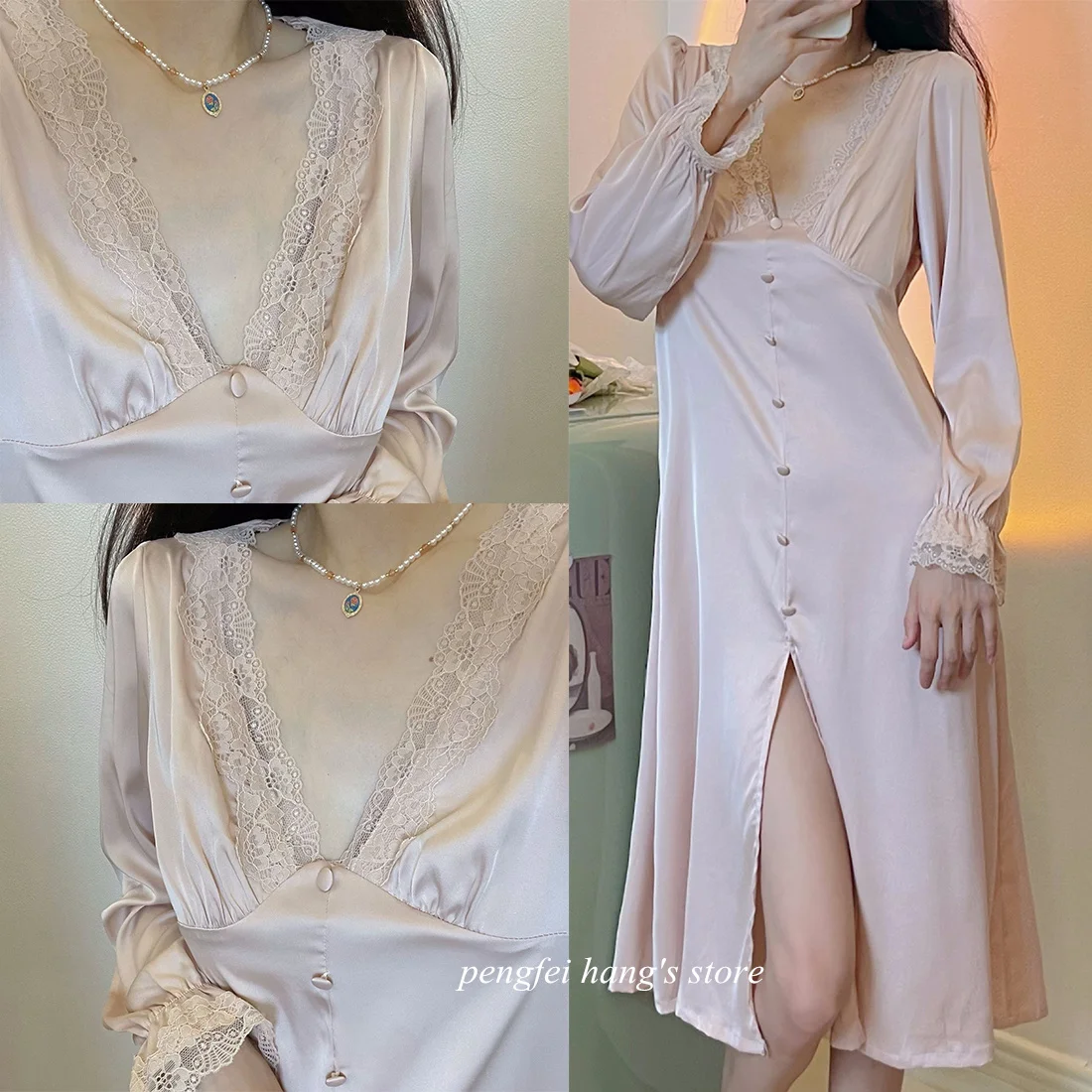 Long Sleeve Lace Sleepwea Silk Satin Nightgown Lady Elegant Homewear Fairy Princess Style Nightwear V-Neck Nightdress Loungewear