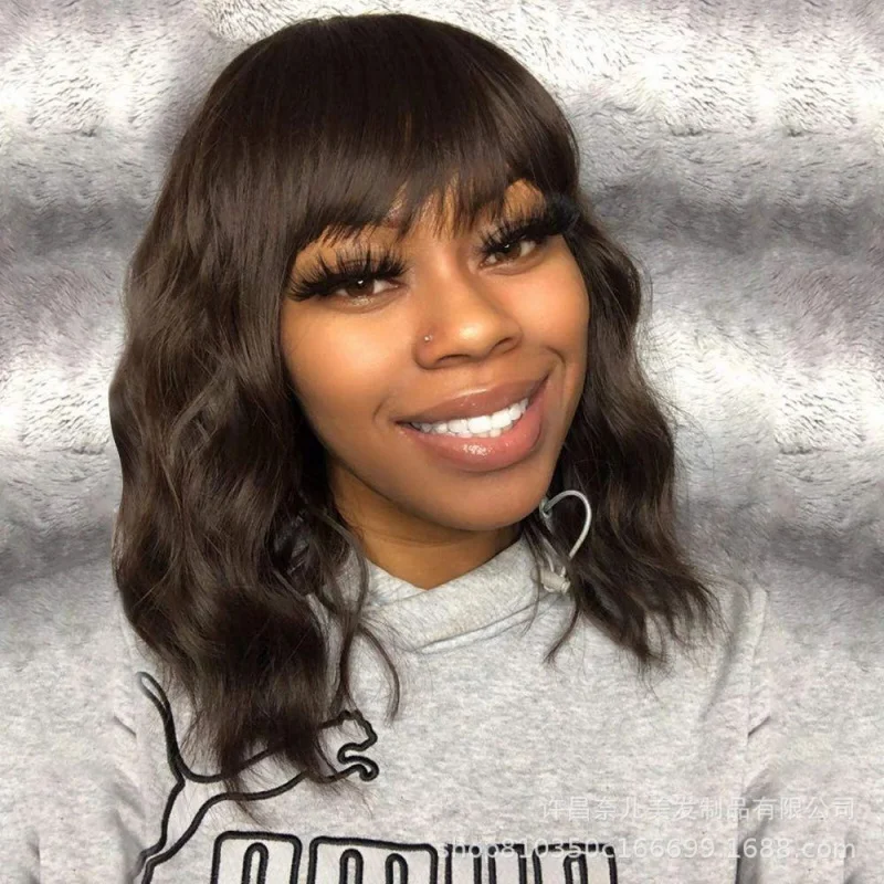 

Short Curly Wig for Women, Black and Brown, European and American Style12Inch Bob Cut with BangsSynthetic Wigs