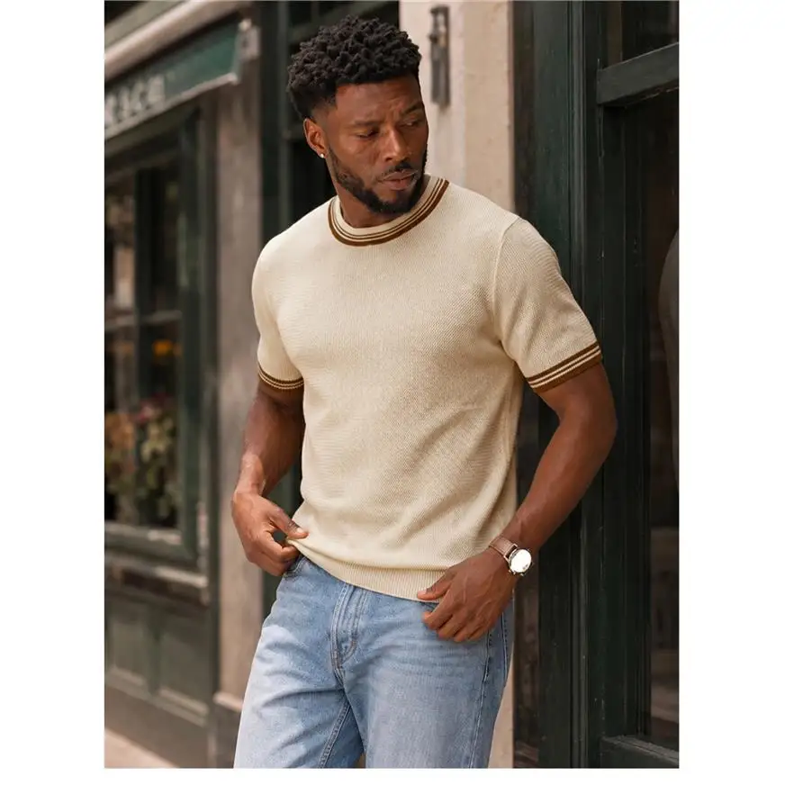 Men's Contrasting round Neck Knitted Short Sleeve Shirt Standard Fit Bright Thread Knitwear Daily Wear Youth Fashion Summer Thin