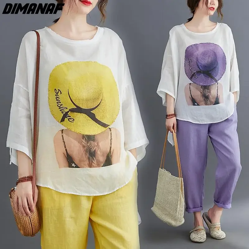 DIMANAF Summer Women Bat Pattern Print T-Shirt Linen Tshirt Fashion Patchwork Tops Tees Oversize Tunic Shirt Loose Casual