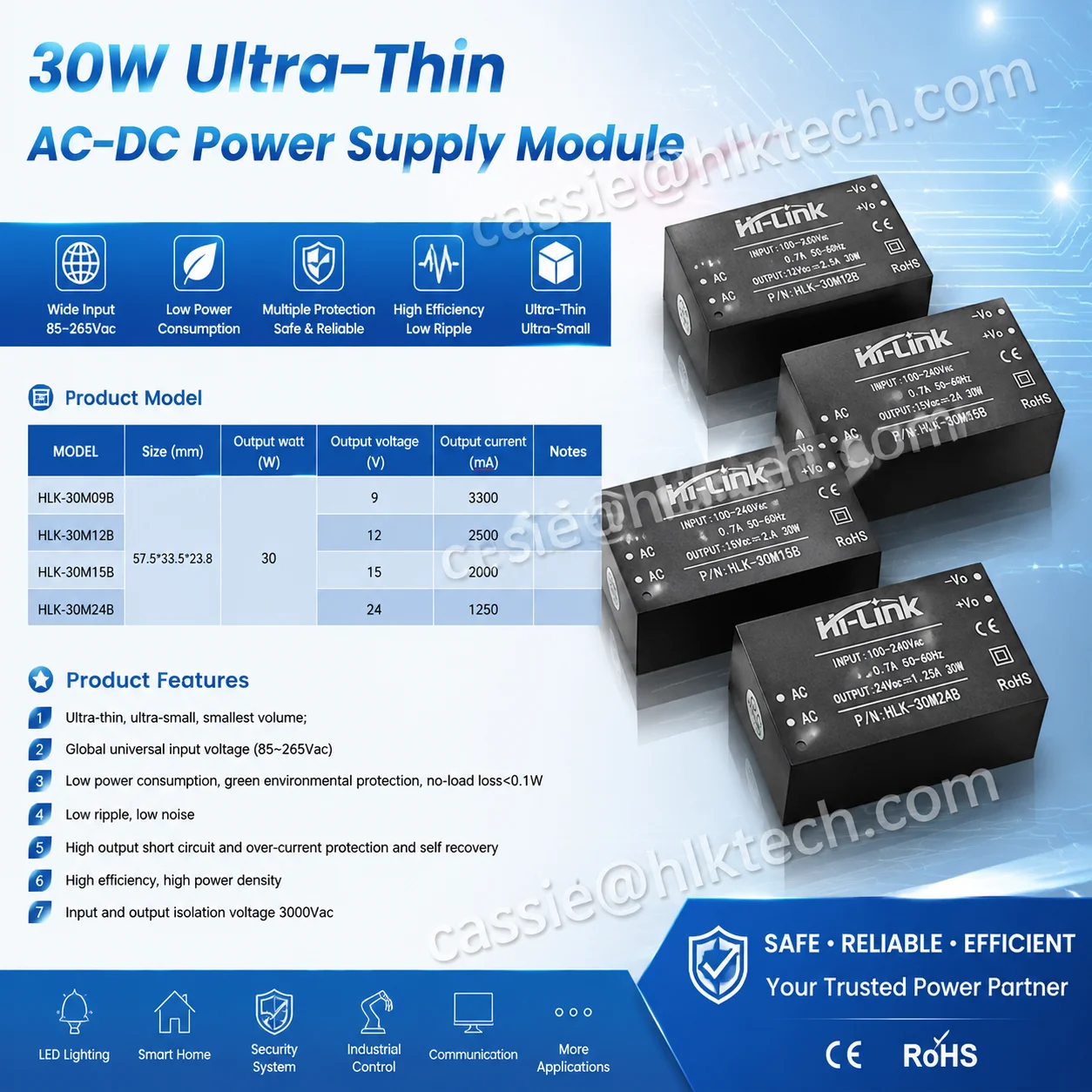 Hi-Link HLK-30M12B 30WB 30M09B 30M15B 30M24B Universal 110V 220v AC-DC 220V to 9V/12V/15V/24V 30W Power Supply Converter ODM OEM