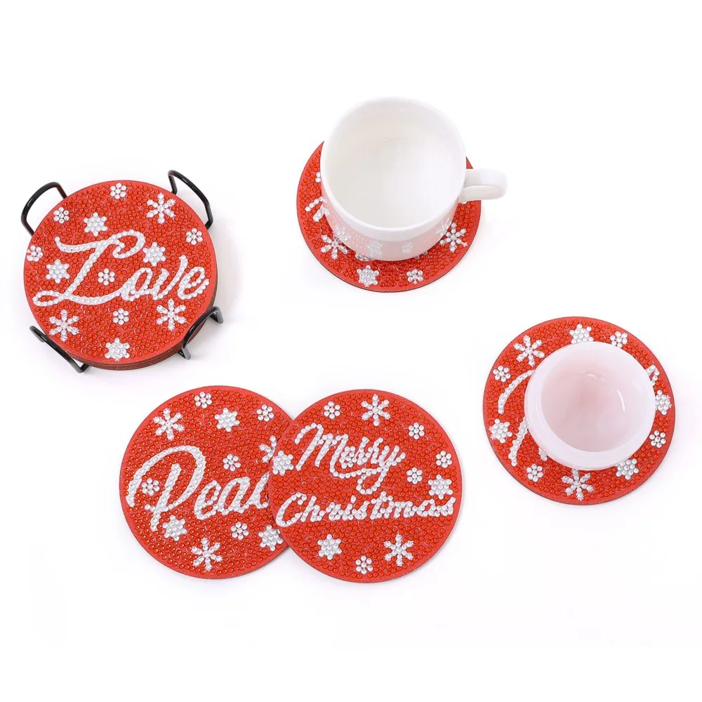 

Hot Sale 8 Pieces Christmas Letter Style Handmade DIY Round Wooden Spot Drill Heat Insulation Anti Slip Coaster With Bracket