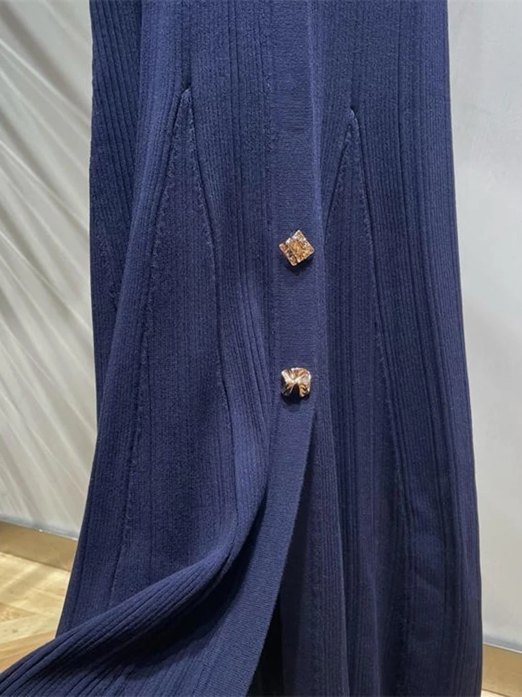 Vestido azul marino de punto sin mangas para mujer, traje elástico de una sola botonadura con cuello en U, largo y ajustado, novedad de verano 2024