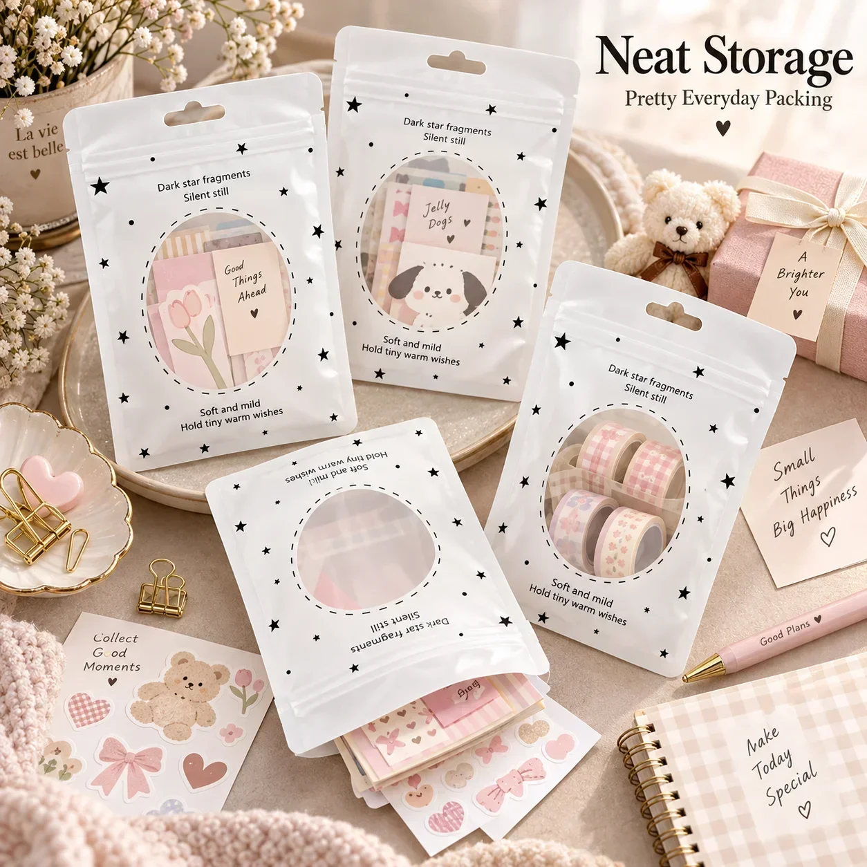 High Beauty Star Window Self-Seal Bag, Journaling Material Gift Wrapping Pouch, Plastic Storage Packaging Bag