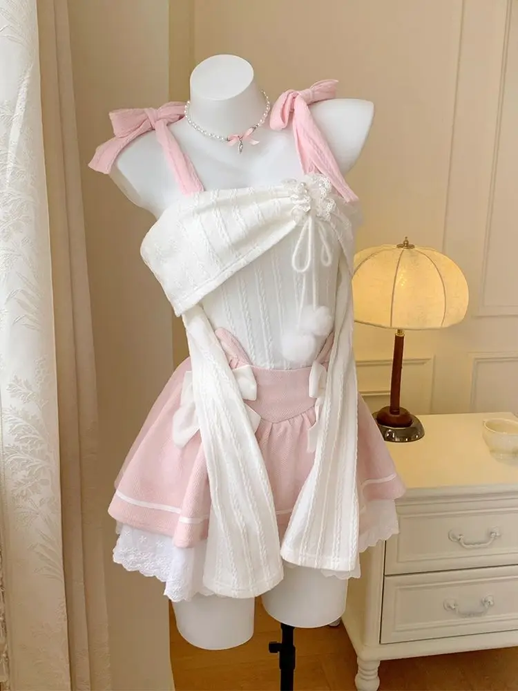 일본식 스위트 슬림 오프숄더 투피스 세트 여성 Y2K 디자인 귀여운 리본 레이스 티셔츠 캐주얼 우아한 패치워크 짧은 치마 세트