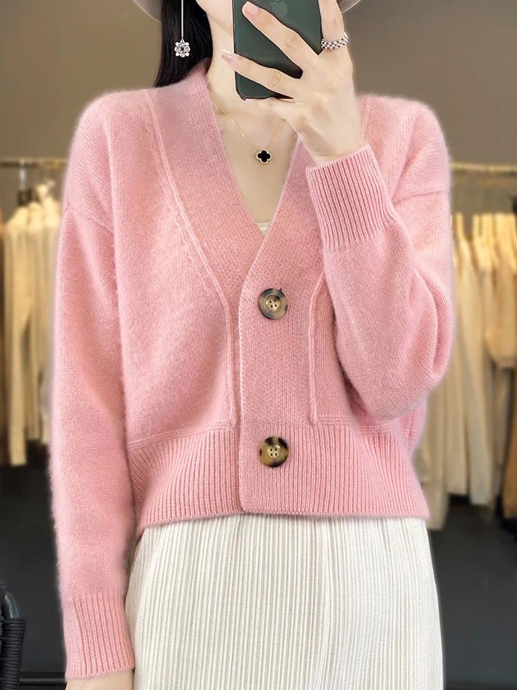 Women 100% Merino Wool Cardigan V-Neck Long Sleeve High Quality Cashmere Knitwears Autumn Winter Women\'s Sweater Vintage Tops