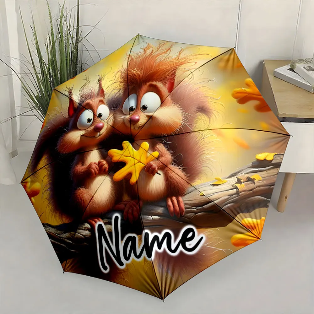 Custom Name Cute Squirrels with Autumn Leaves on a Colorful Umbrella 8 Iron Ribs Folding Umbrella Auto-Open Fashion Sunshade