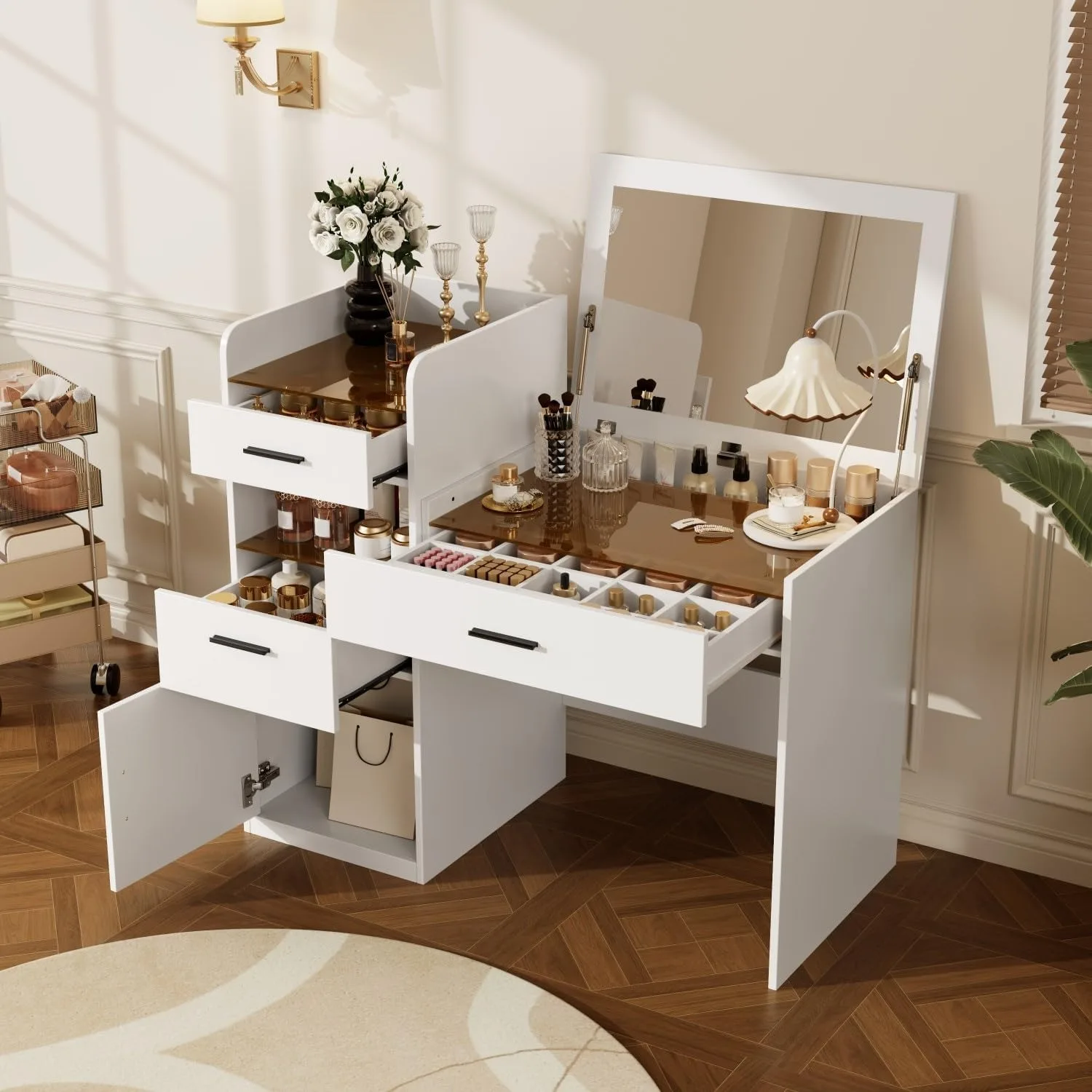 Large Vanity Desk with Flip Top Mirror & Storage Cabinet,White Makeup Dressing Table with Glass Top &Slot-in Dividers,Customized