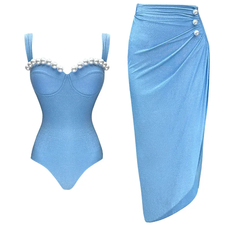 

2024 Women Vacation Beachwear Luxury Bathing SuitShiny Fabric Sling Pearl Decor Light Blue One Piece Swimsuit and Skirt