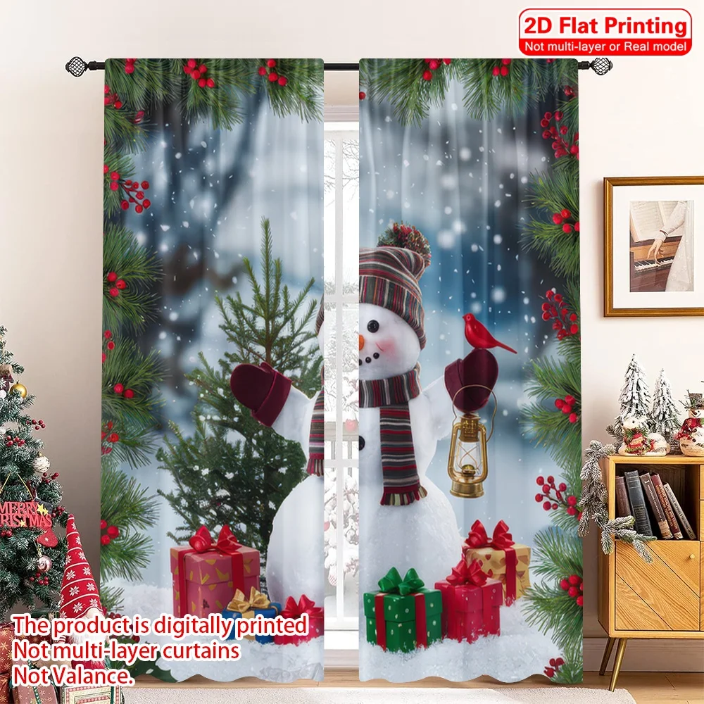 2pcs 2D flat printing Merry Christmas Popular Window Curtains Christmas Winter Wonderland Polyester Without Electricity Spring