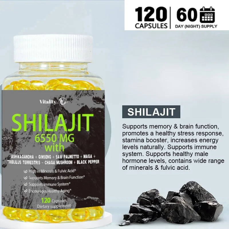 

Vitality Shilajit капсулы 6550 мг с 40% фульвовой кислотой | Аутентичные гималайские с 85 + минералами без ГМО, натуральная добавка